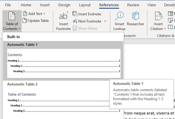 Create a table of contents using Word&nbsp;Styles