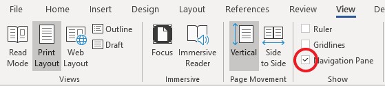 Shows check box for the Navigation pane in the View tab, Show section, on a PC