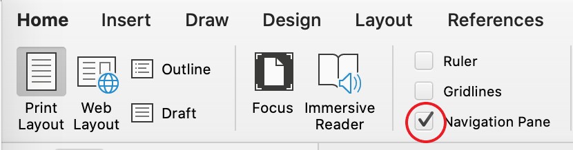 Shows check box for the Navigation pane in the View tab on a Mac