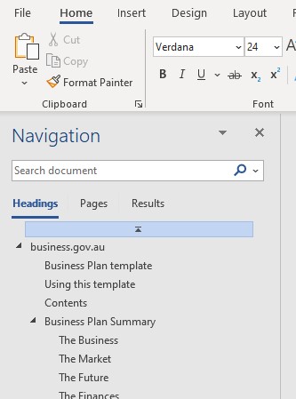 Naviagation pane showing headings (PC)