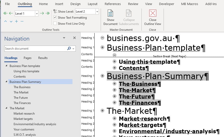 Outline view on a PC