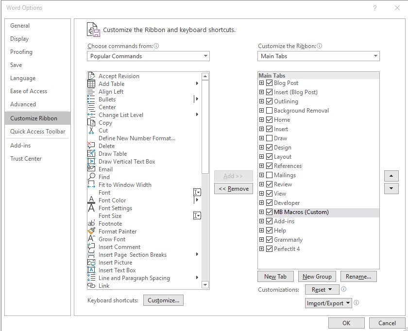 The customise ribbon dialog box (from a PC)