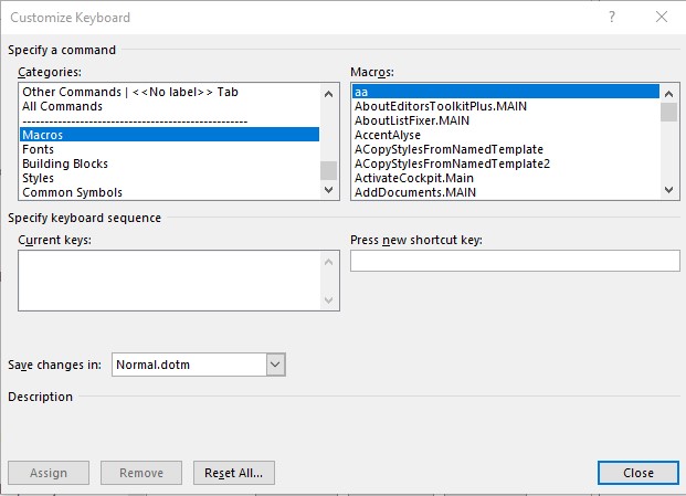 Customise Keyboard dialog box where you can set keyboard shortcuts for your macros